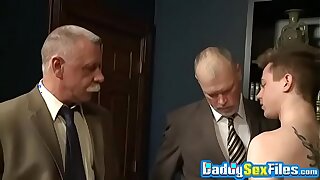 Grouchy old daddies threesome pounding young twink hardcore